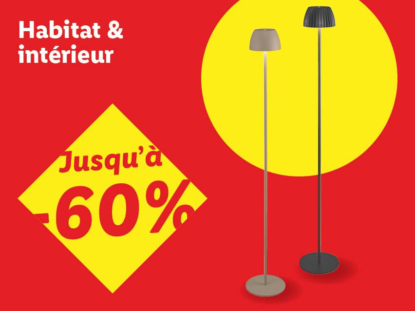 Deux lampadaires sur fond rouge avec un cercle jaune et un losange jaune indiquant 'Jusqu'à -60%' pour l'habitat & l'intérieur.