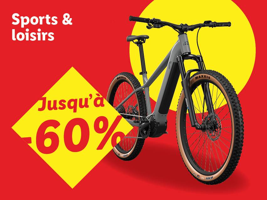 Un VTT électrique gris avec des pneus marron, avec une offre allant jusqu'à -60% sur les sports et loisirs.