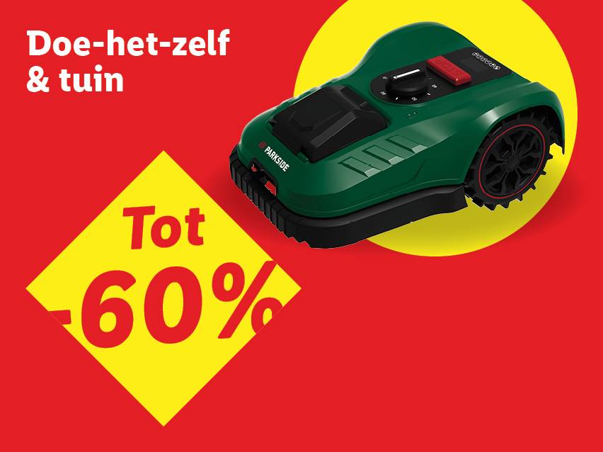 Groene robotmaaier op gele achtergrond, met de tekst 'Doe-het-zelf & tuin' en 'Tot -60%'.