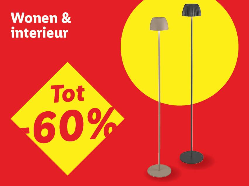 Twee moderne staande lampen op een rode en gele achtergrond, met de tekst 'Wonen & interieur' en 'Tot -60%'.