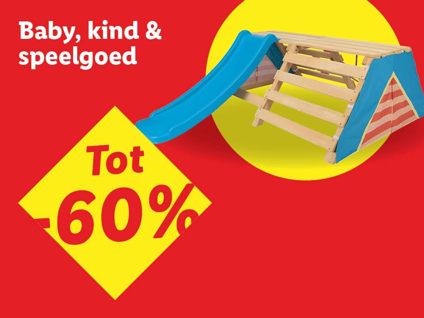 Baby-, kinder- en speelgoedartikelen, inclusief glijbaan en klimrek, tot -60% korting.