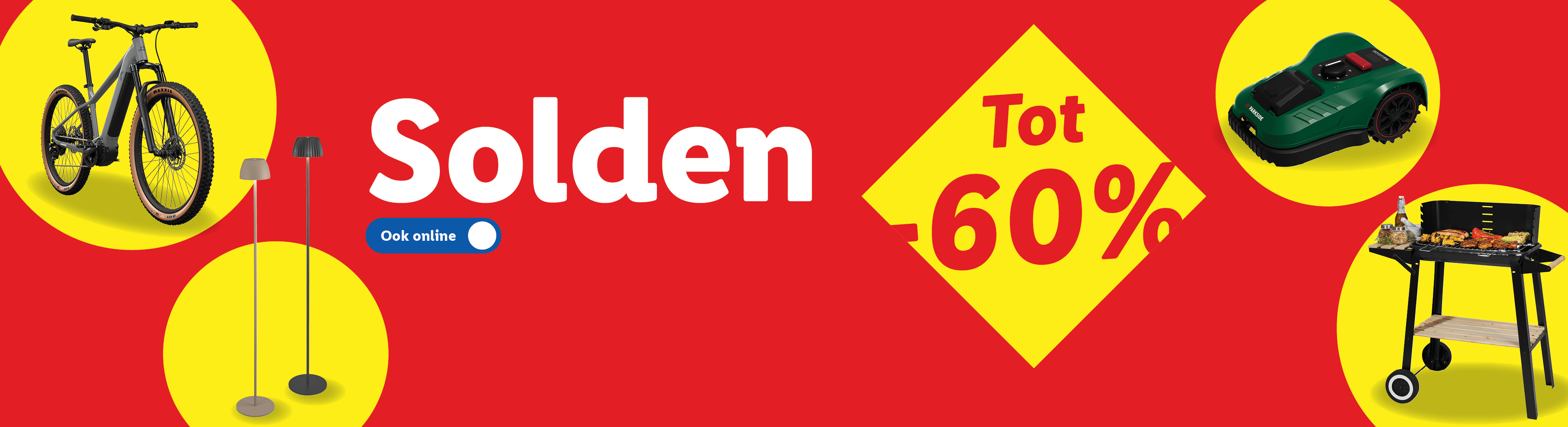 Solden tot 60% op fietsen, lampen, robotmaaiers en barbecues.