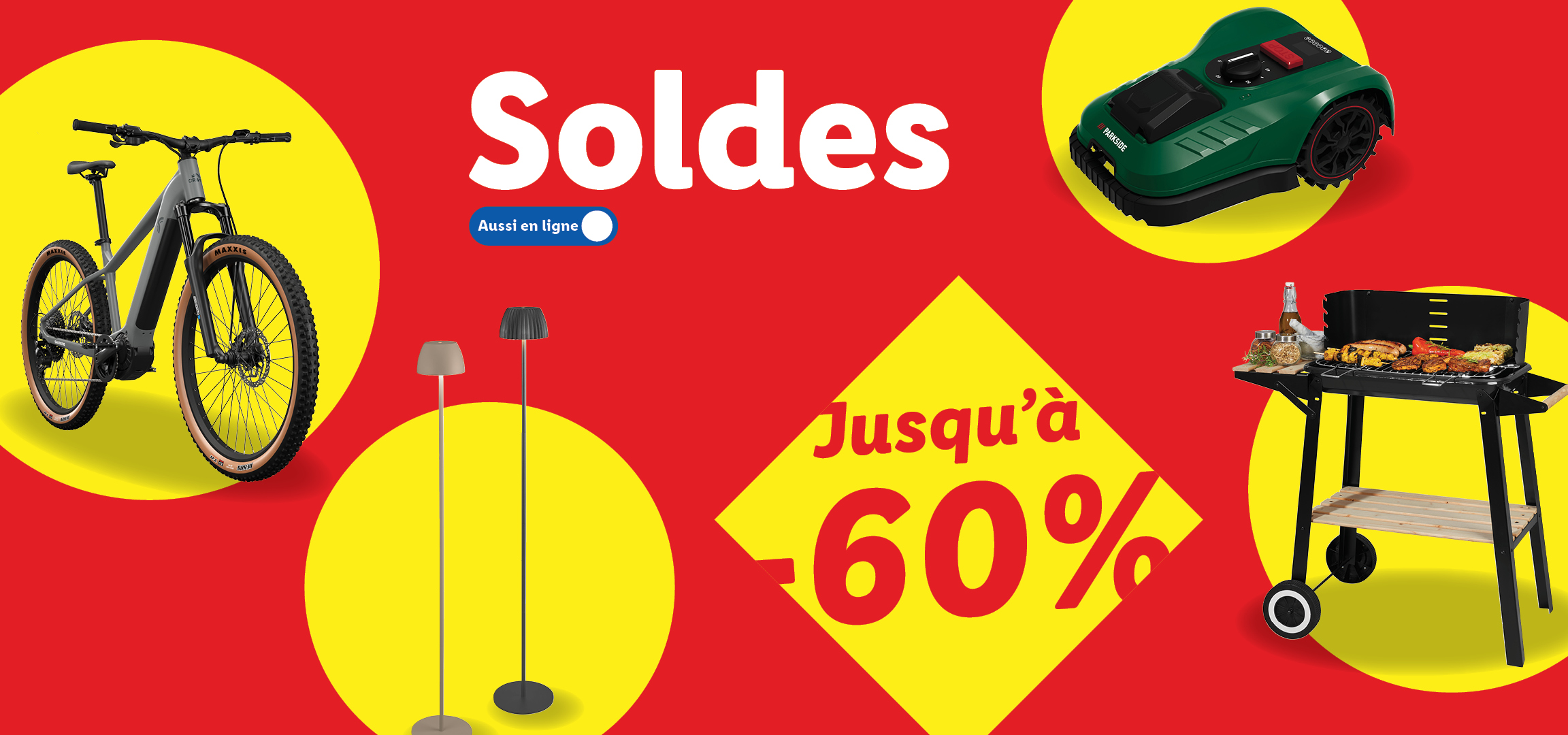 Bannière de soldes avec un VTT, des lampadaires, une tondeuse robot et un barbecue, affichant 'Soldes jusqu'à 60%'.