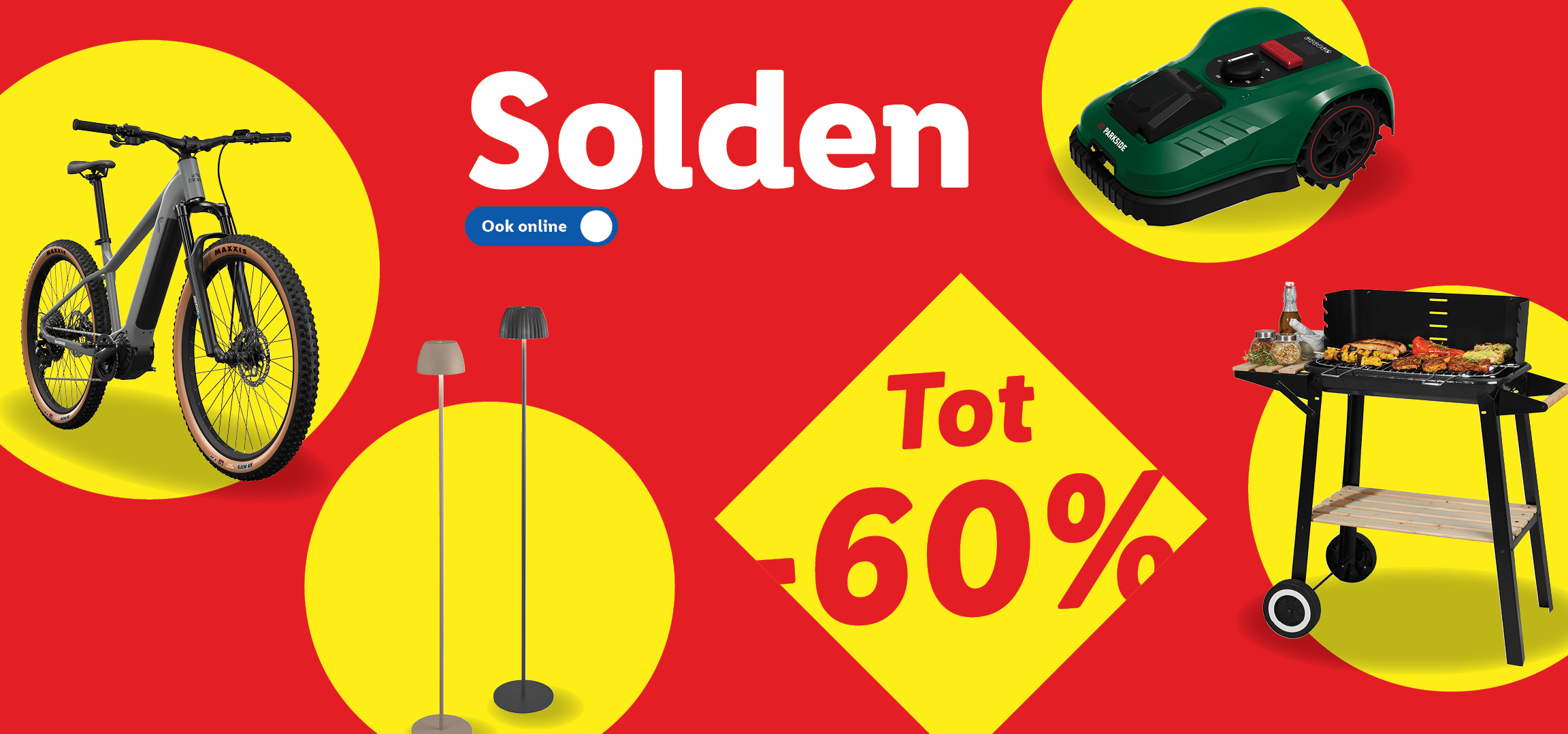 Fietsen, lampen, robotmaaiers en barbecues in de uitverkoop, tot 60% korting, ook online.