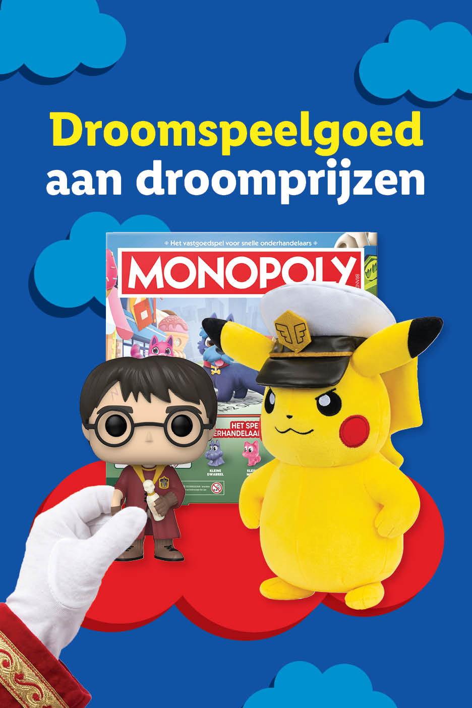Speelgoed zoals een bordspel, speelfiguur en pluche knuffel voor droomprijzen.