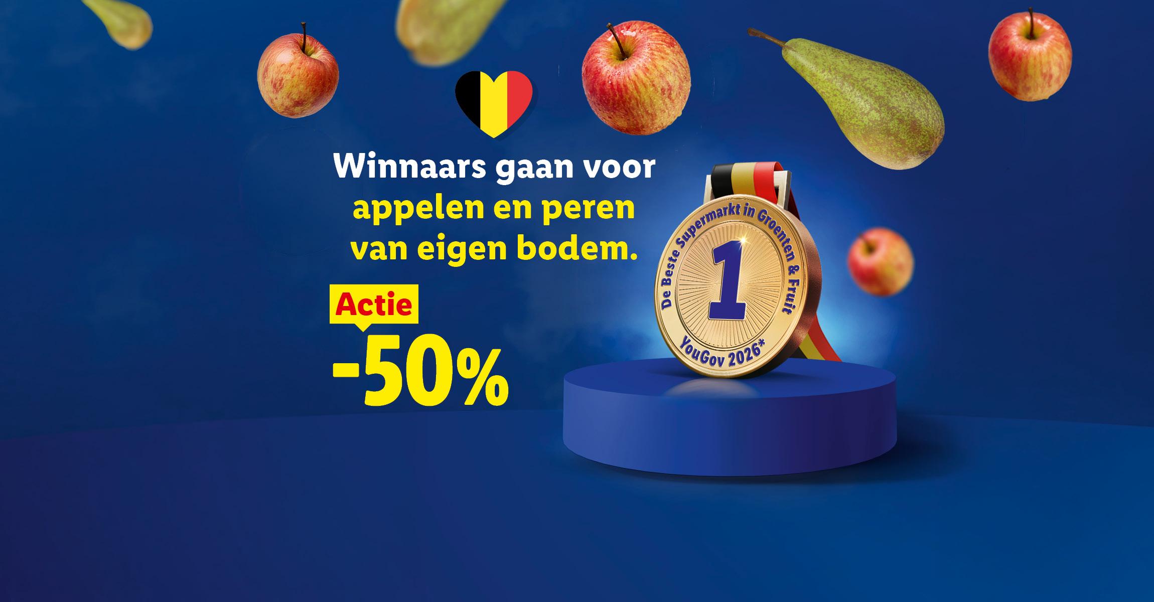 Promotie voor Belgische appelen en peren met 50% korting op een blauwe achtergrond.