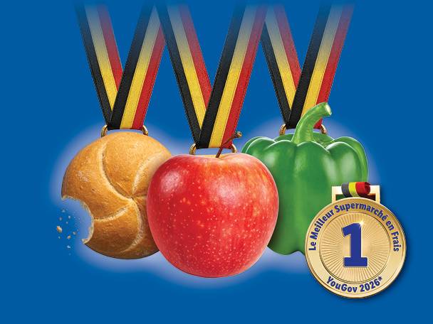 Trois médailles avec un petit pain, une pomme et un poivron, et une médaille d'or avec '1' et 'YouGov 2026'.