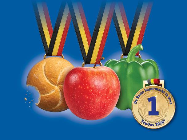 Broodje, appel en paprika als medailles met een gouden medaille voor 'Beste Supermarkt in Vers'.