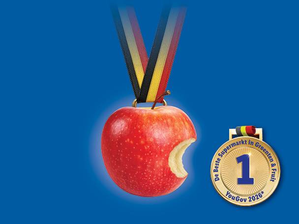 Een rode appel met een hap eruit, hangend aan een medaillelint, naast een gouden medaille met het nummer 1 en de tekst 'De Beste Supermarkt in Groenten & Fruit YouGov 2026'.