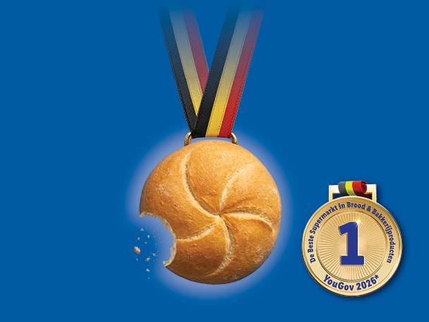 Gouden medaille met een aangebeten broodje en een gouden medaille voor de beste supermarkt in brood- en bakkerijproducten.