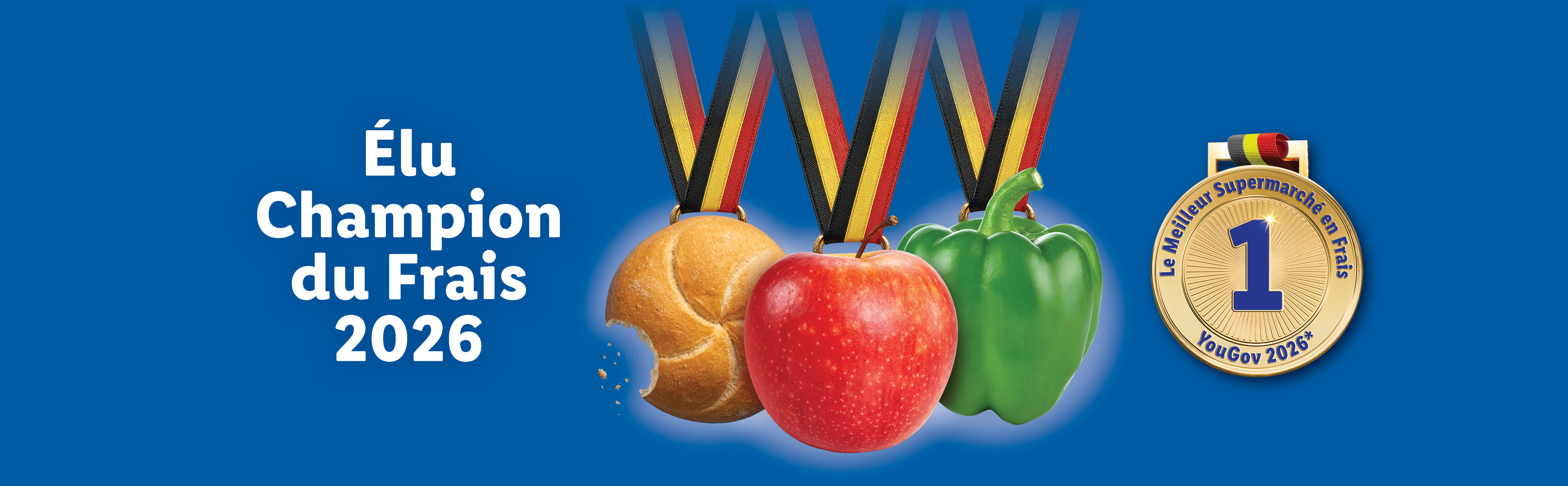 Trois médailles avec un petit pain, une pomme et un poivron, avec le texte « Élu Champion du Frais 2026 ».