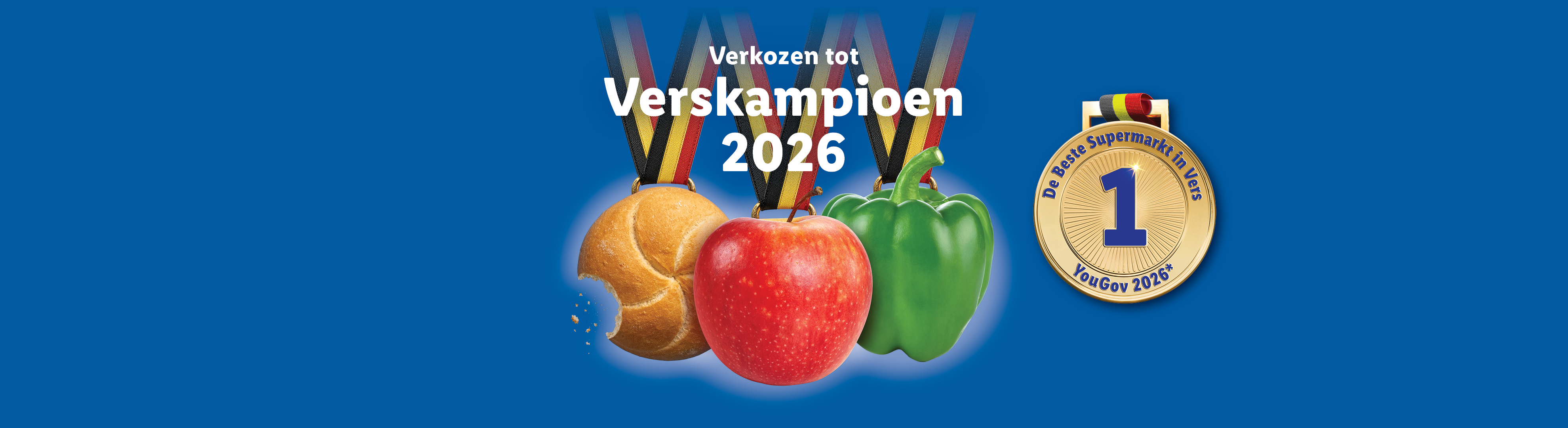 Drie medailles met versproducten: een broodje, een appel en een paprika, met de tekst 'Verskampioen 2026'.