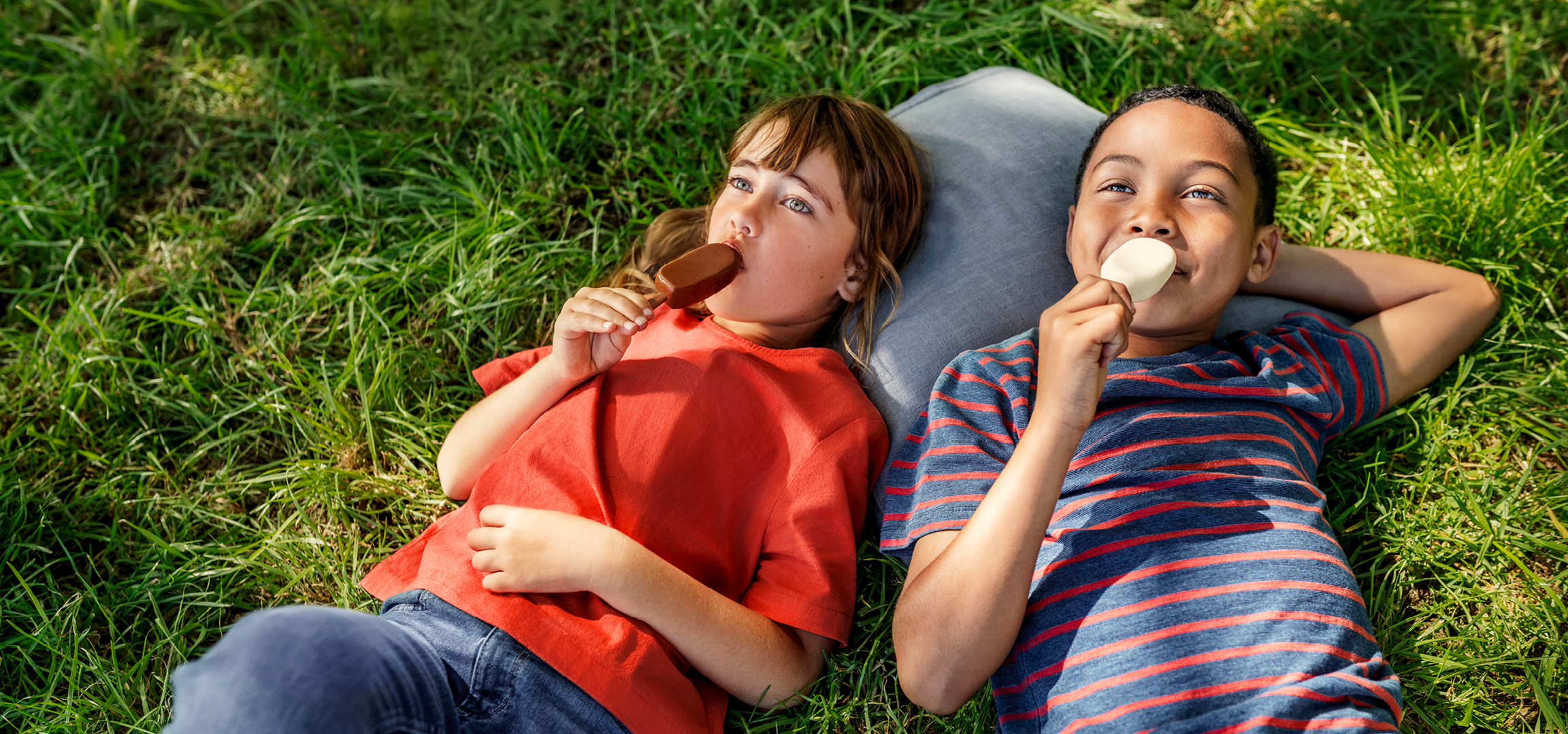 Twee kinderen liggen in het gras en eten ijsjes.
