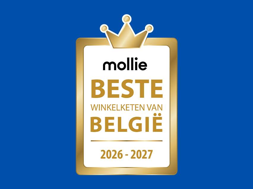 Een gouden badge met een kroon, met de tekst 'Beste winkelketen van België 2026-2027'.