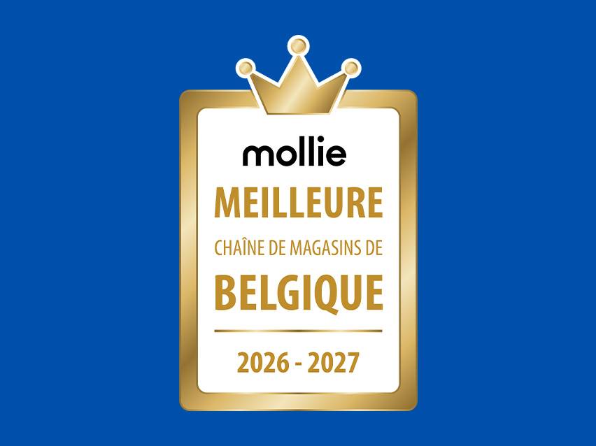 Un cadre doré avec une couronne, affichant 'MEILLEURE CHAÎNE DE MAGASINS DE BELGIQUE 2026-2027'.