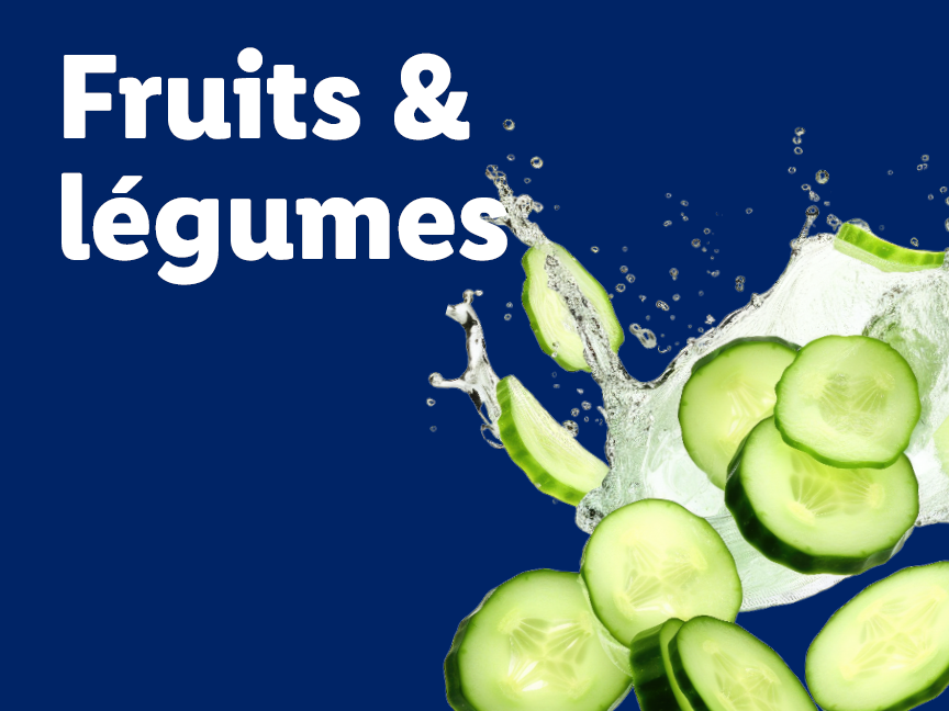 Concombres tranchés éclaboussant dans l'eau avec le texte 'Fruits & légumes'.