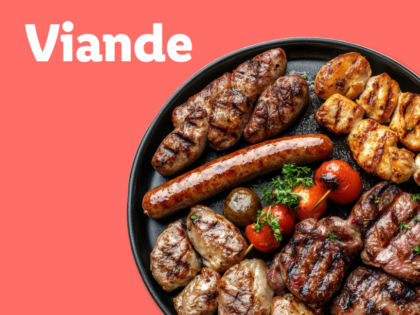 Assortiment de viandes grillées, dont des saucisses, du poulet et du bœuf, sur une plaque noire.