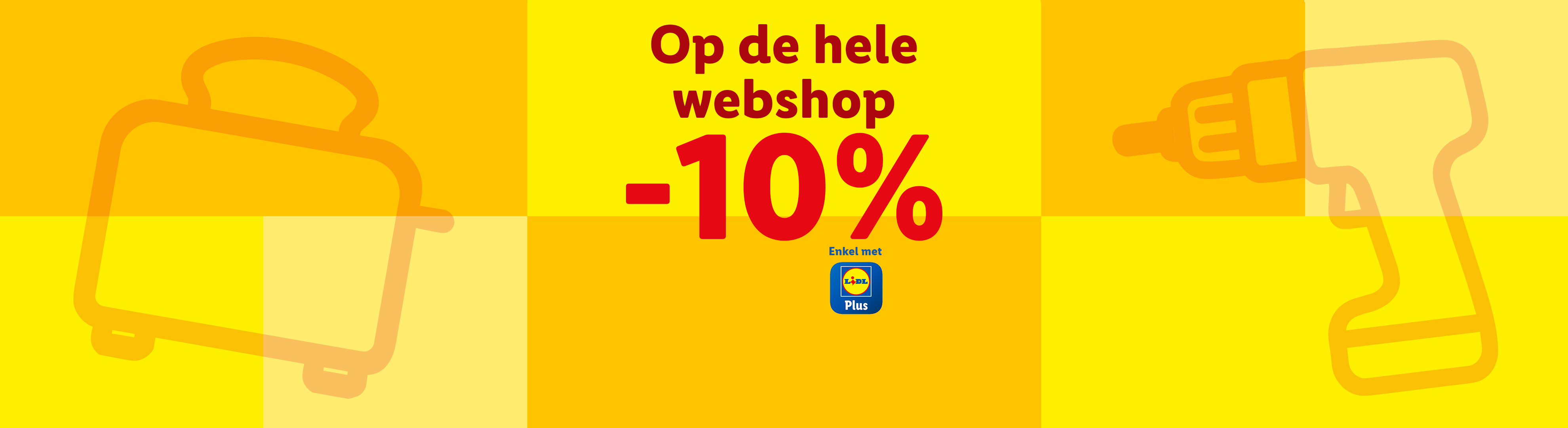 10% korting op de hele webshop met Lidl Plus, met illustraties van een koffer en boormachine.