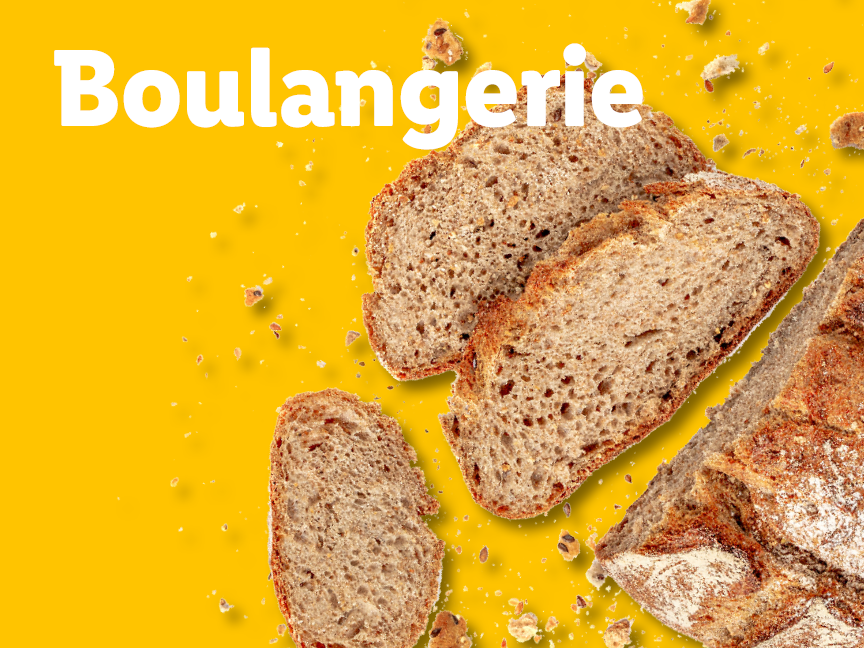 Pain de campagne tranché sur fond jaune avec le mot 'Boulangerie'.