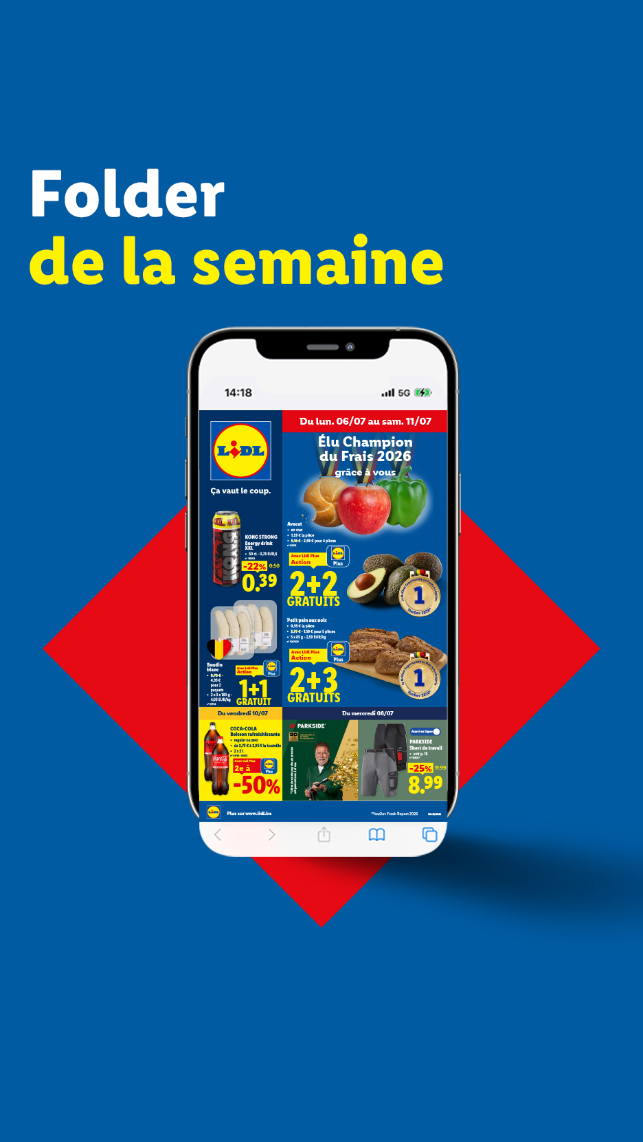 Lidl folder van de week met aanbiedingen voor fruit, broodjes, frisdrank en werkkleding.