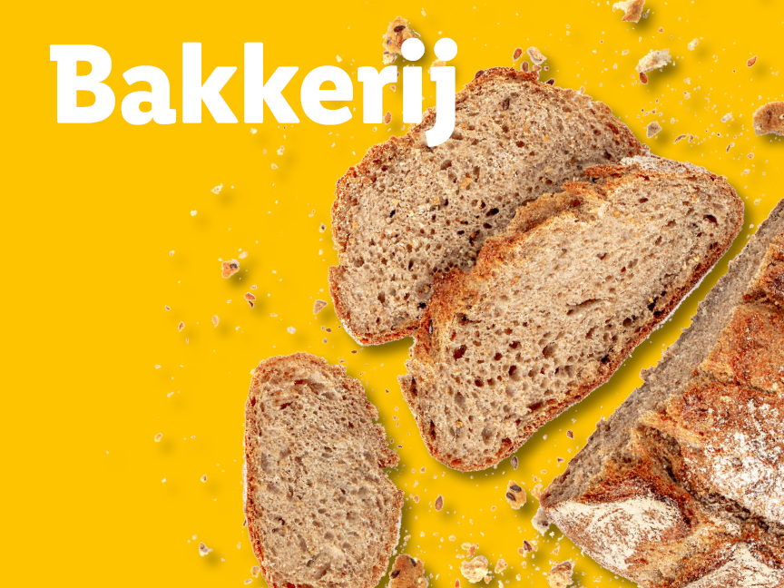 Gesneden brood en kruimels op een gele achtergrond met het woord 'Bakkerij'.