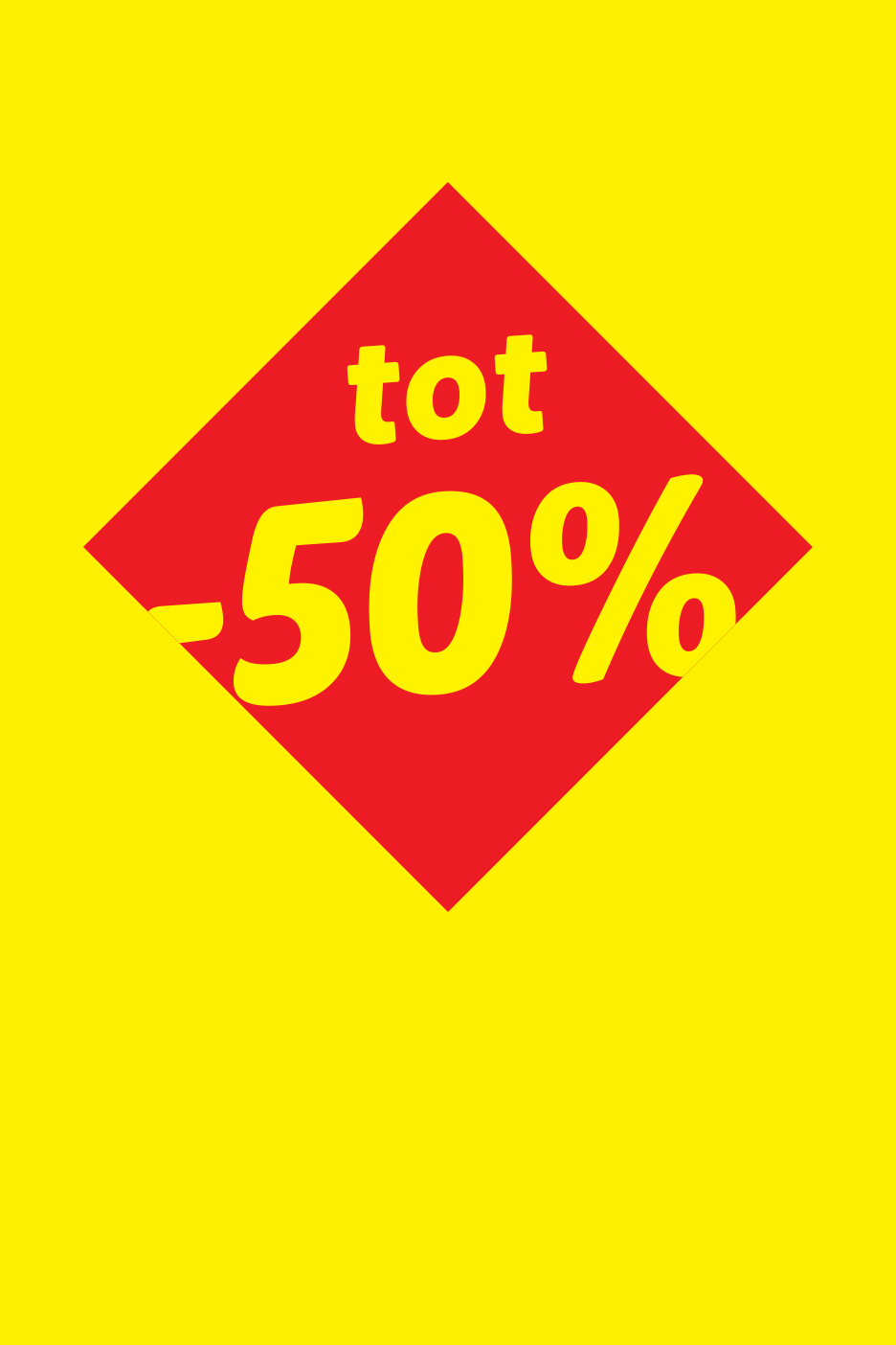 Een rood ruitvormig bord met de tekst 'tot -50%' op een gele achtergrond.