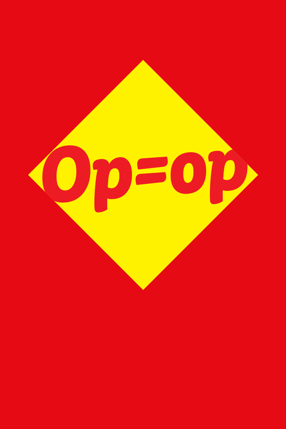 Een gele ruit met de rode tekst 'Op=op' op een rode achtergrond.