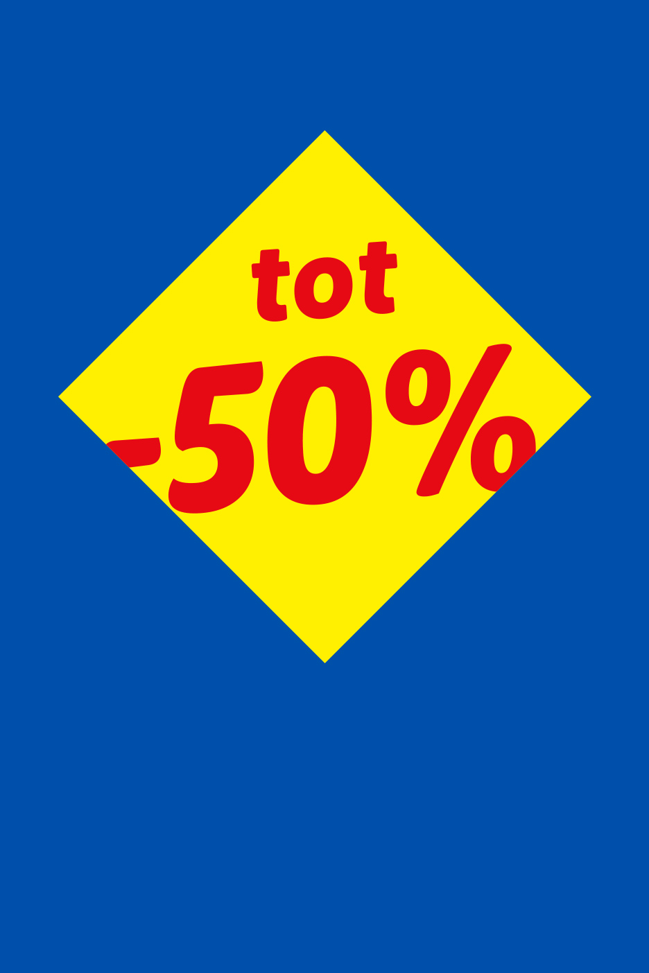 Een geel ruitvormig bord met de tekst 'tot -50%' in rood op een blauwe achtergrond.