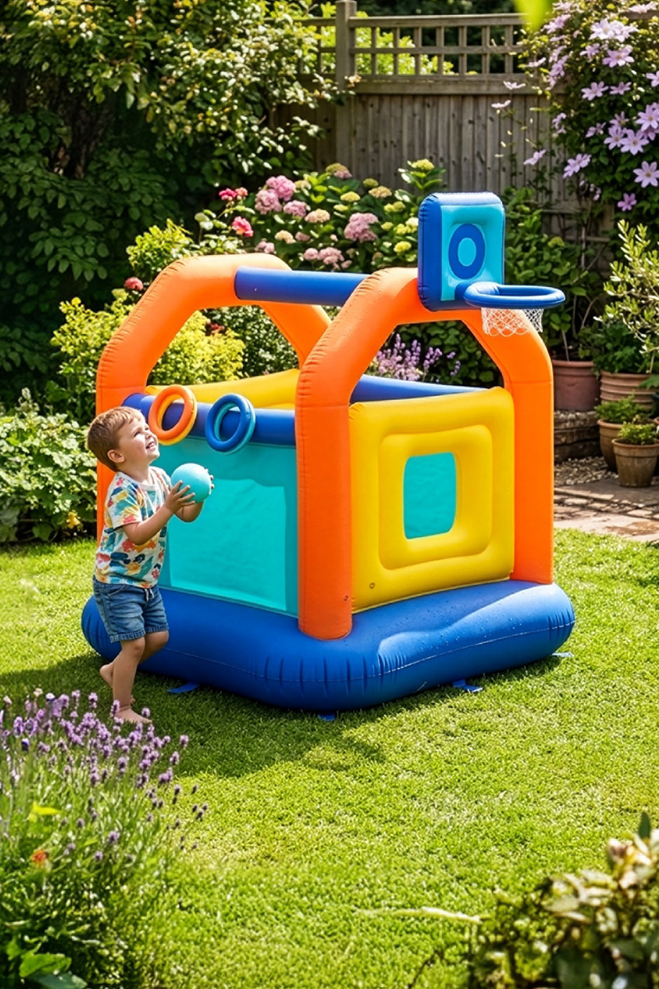 Een kind speelt met een kleurrijk opblaasbaar springkasteel en basketbalring in een zonnige tuin.