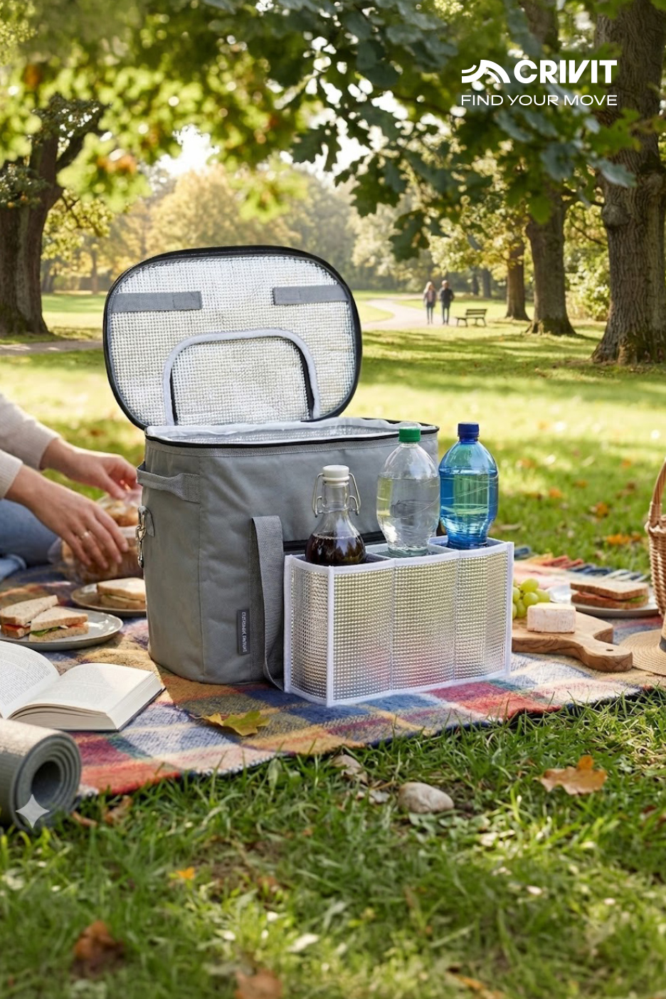 Een open koeltas en een koelbox met flessen op een picknickkleed in een park.
