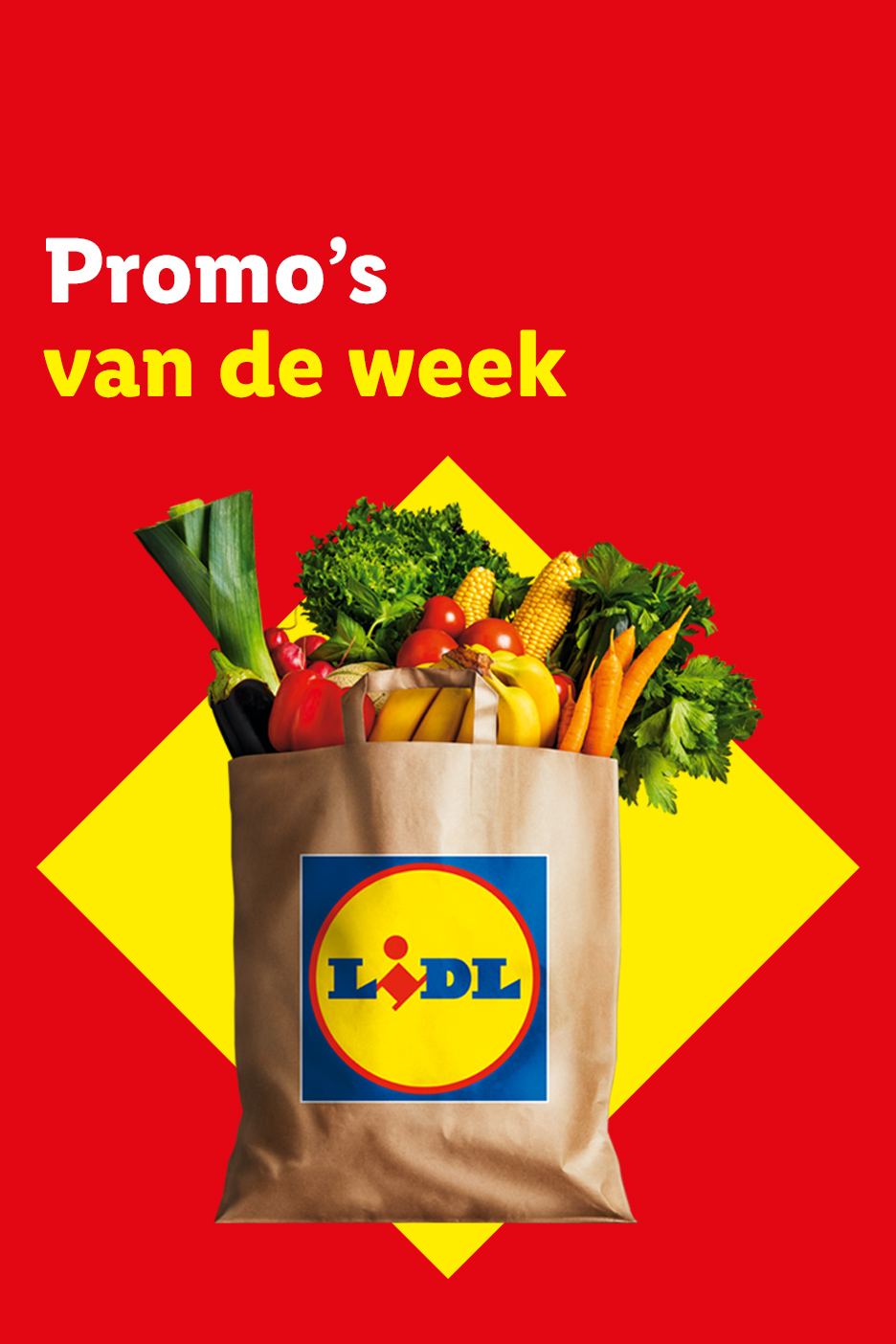 Boodschappentas vol verse groenten en fruit op een rode en gele achtergrond, met de tekst 'Promo's van de week'.