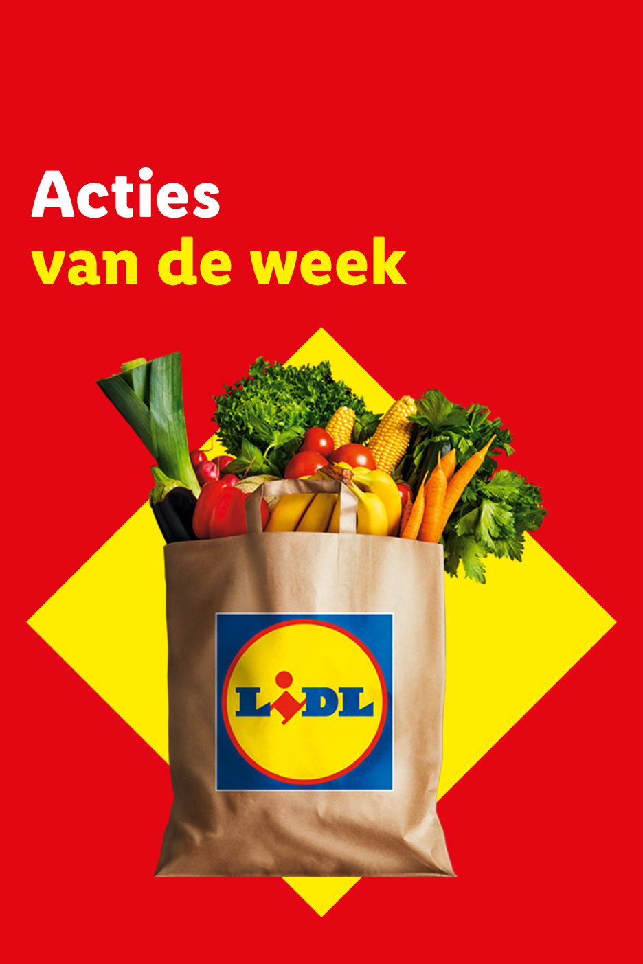 Boodschappentas vol verse groenten en fruit, met de tekst 'Acties van de week'.