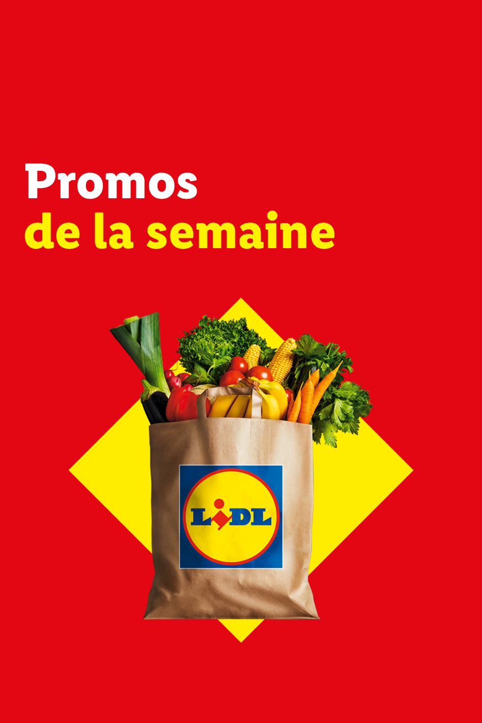 Promos de la semaine Lidl : sac de courses rempli de fruits et légumes frais sur fond rouge.