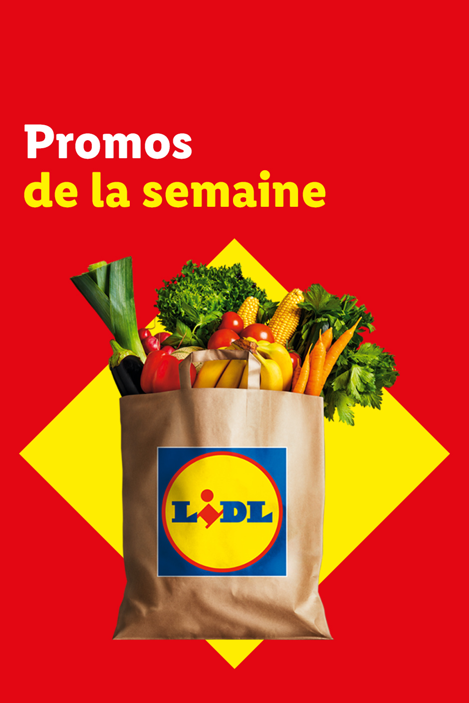 Promos de la semaine Lidl : sac de courses rempli de fruits et légumes frais sur fond rouge.