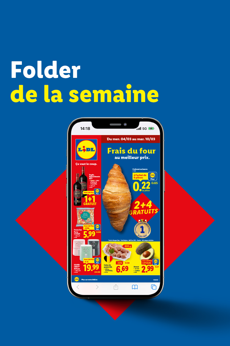 Dépliant hebdomadaire sur smartphone avec croissants, vin et poulet.