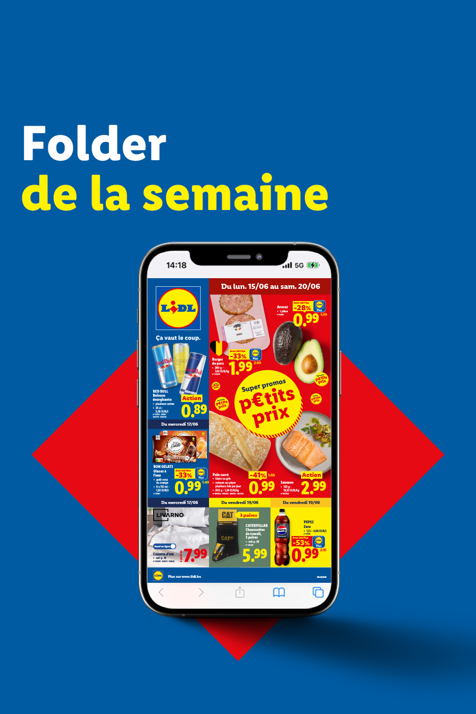 Folder van de week met aanbiedingen voor frisdrank, zalm, brood, ijs en kleding.