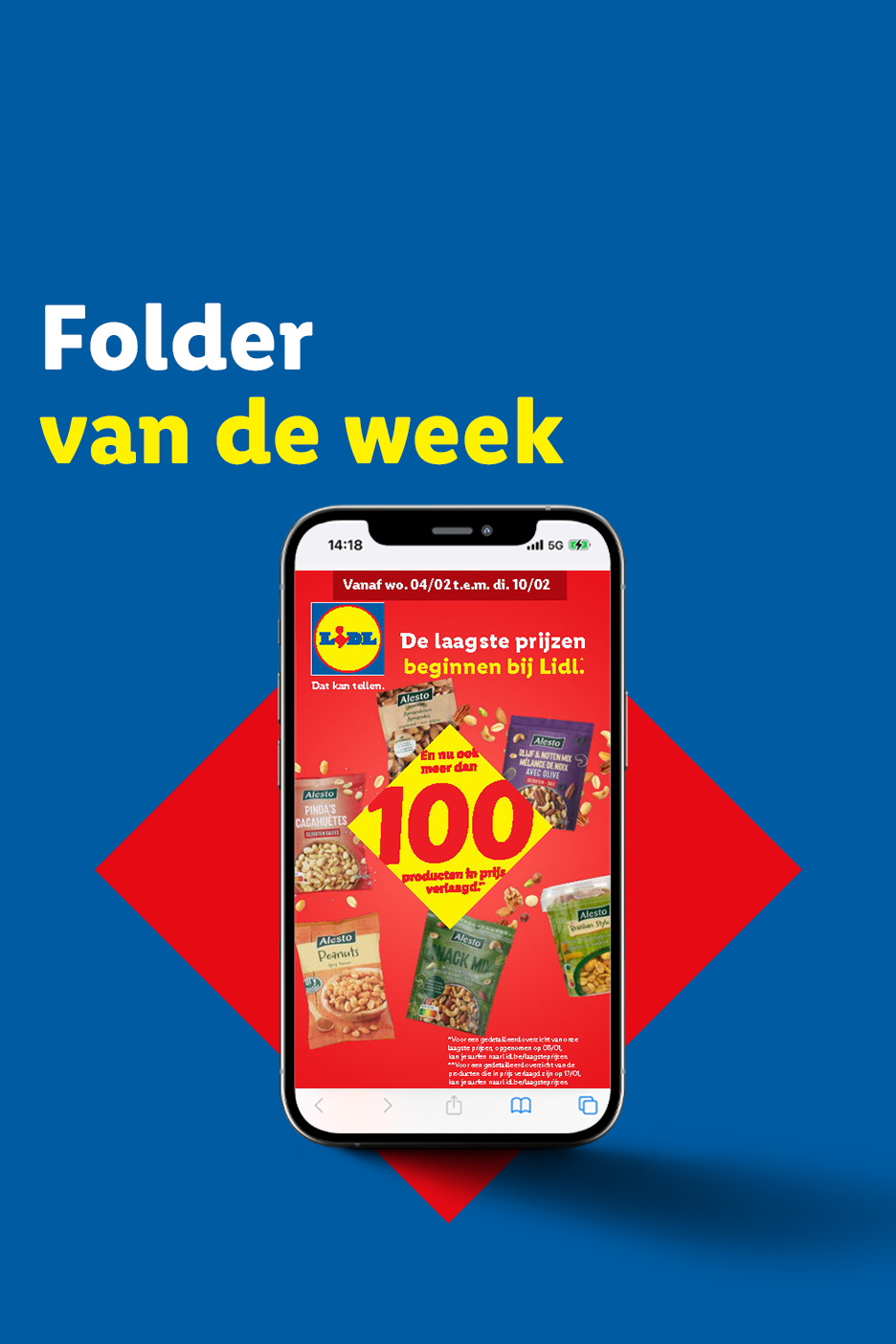 Een smartphone toont een folder met meer dan 100 afgeprijsde notenproducten, met de tekst 'Folder van de week'.
