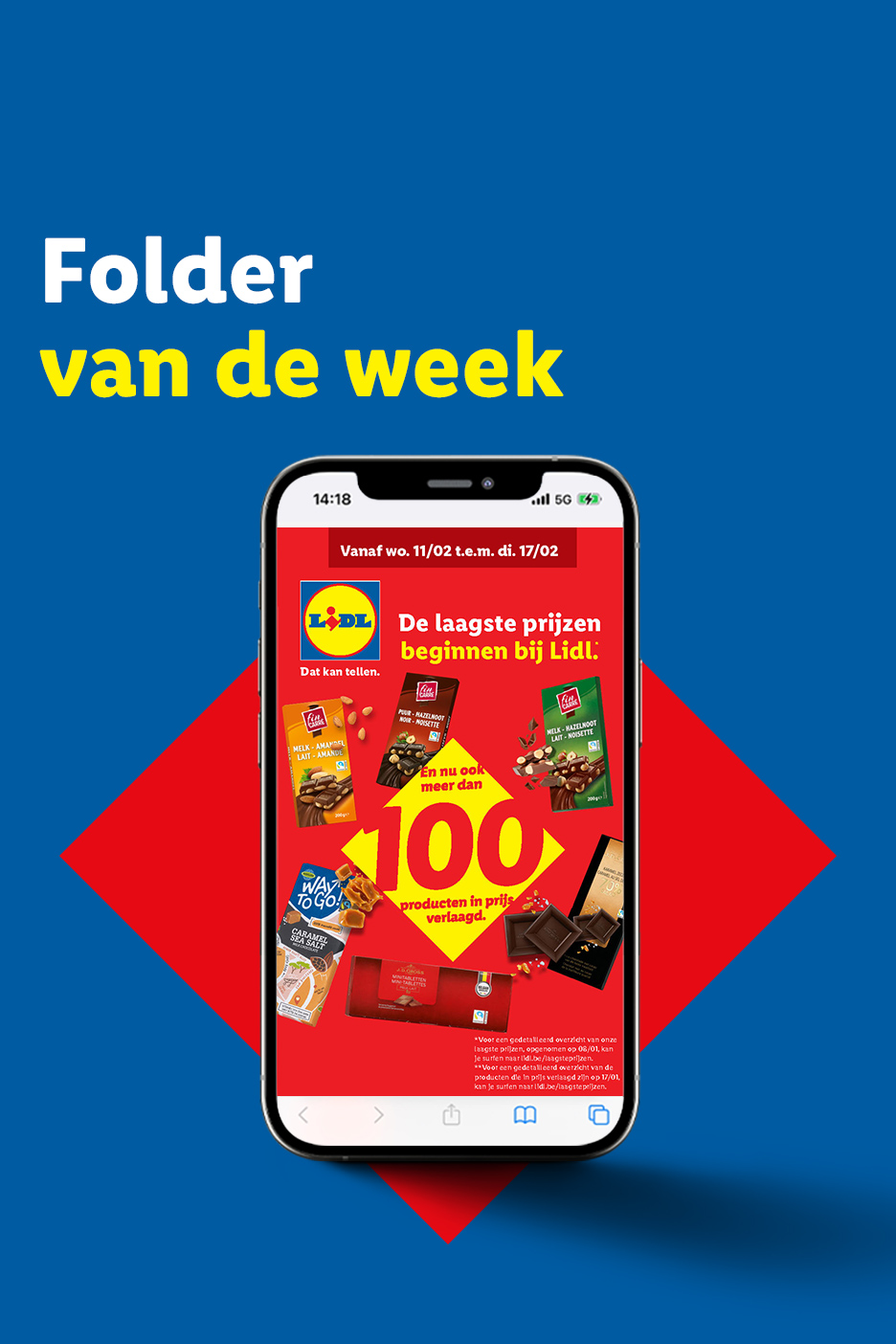 Folder van de week met de laagste prijzen bij Lidl, inclusief meer dan 100 afgeprijsde producten zoals chocolade.