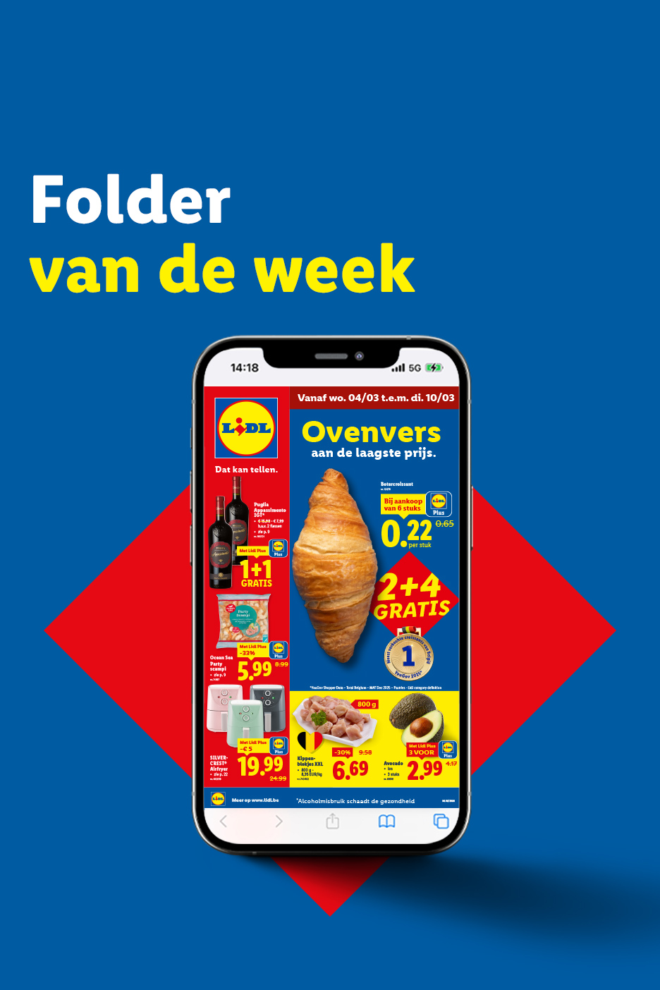 Folder van de week met ovenverse croissants, wijn, zeevruchten, airfryers, kipblokjes en avocado's.