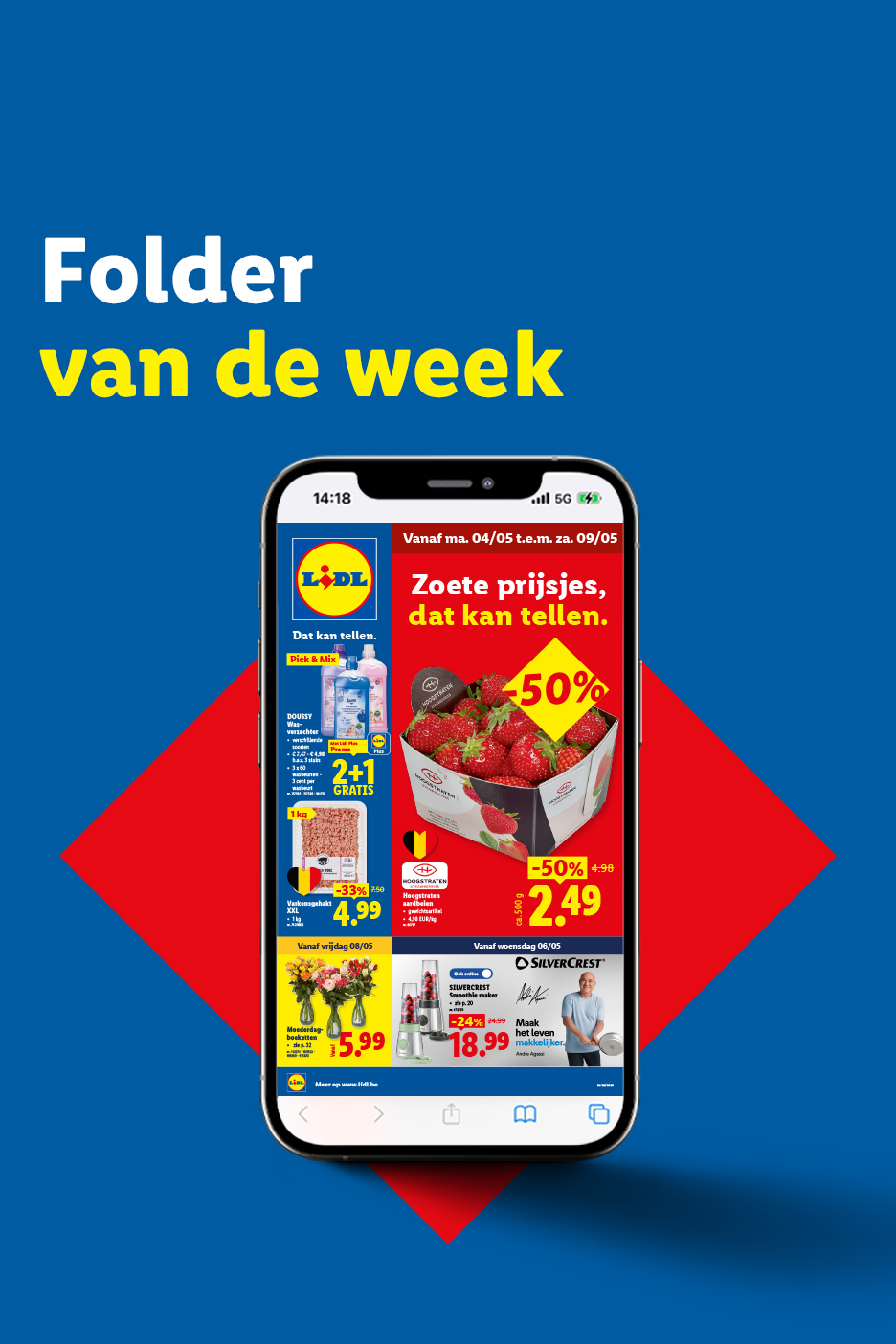 Een smartphone toont een folder met aanbiedingen voor aardbeien, varkensgehakt, wasverzachter en bloemen.