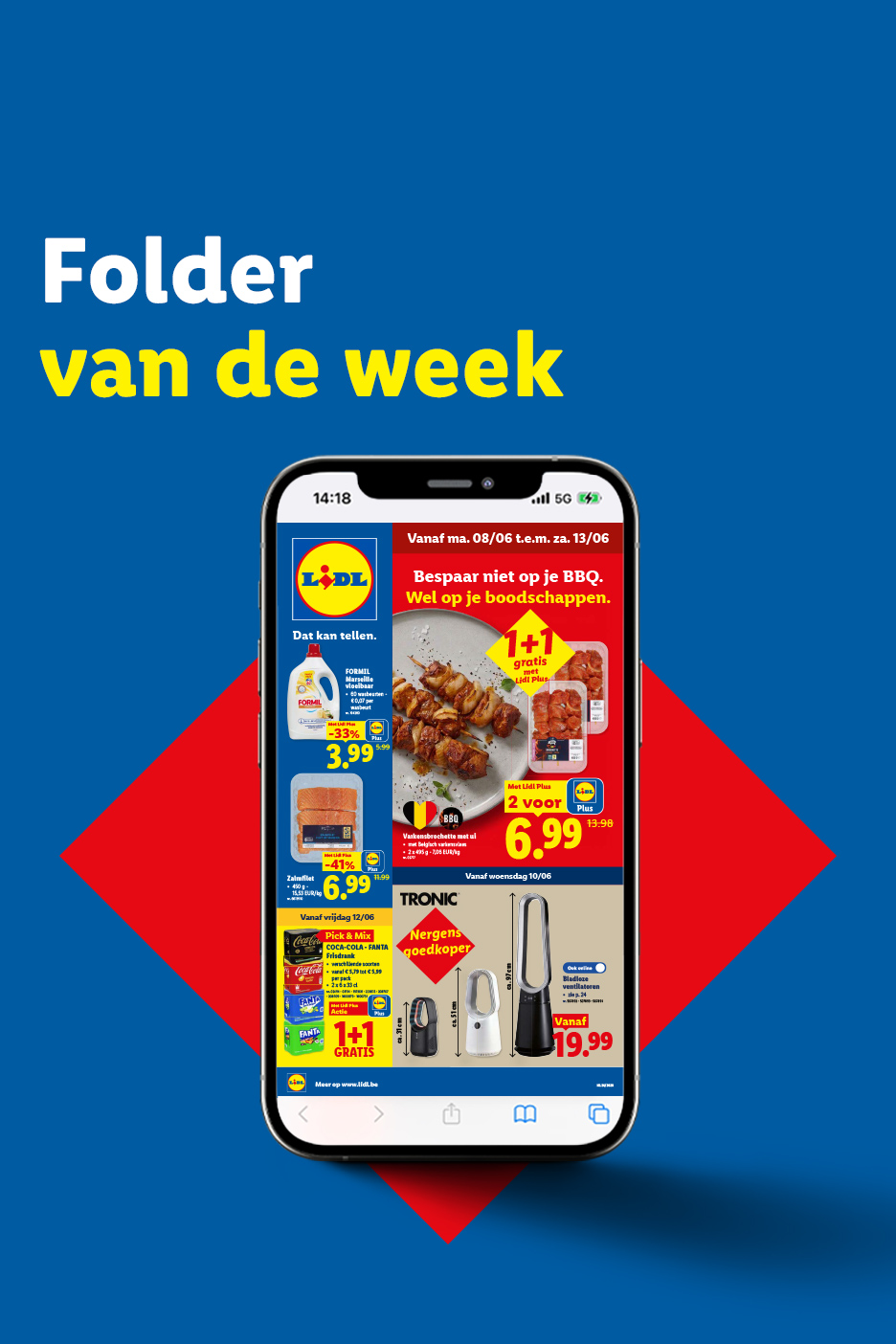 Een folder van de week met aanbiedingen voor vlees, zalmfilet, frisdrank en ventilatoren.