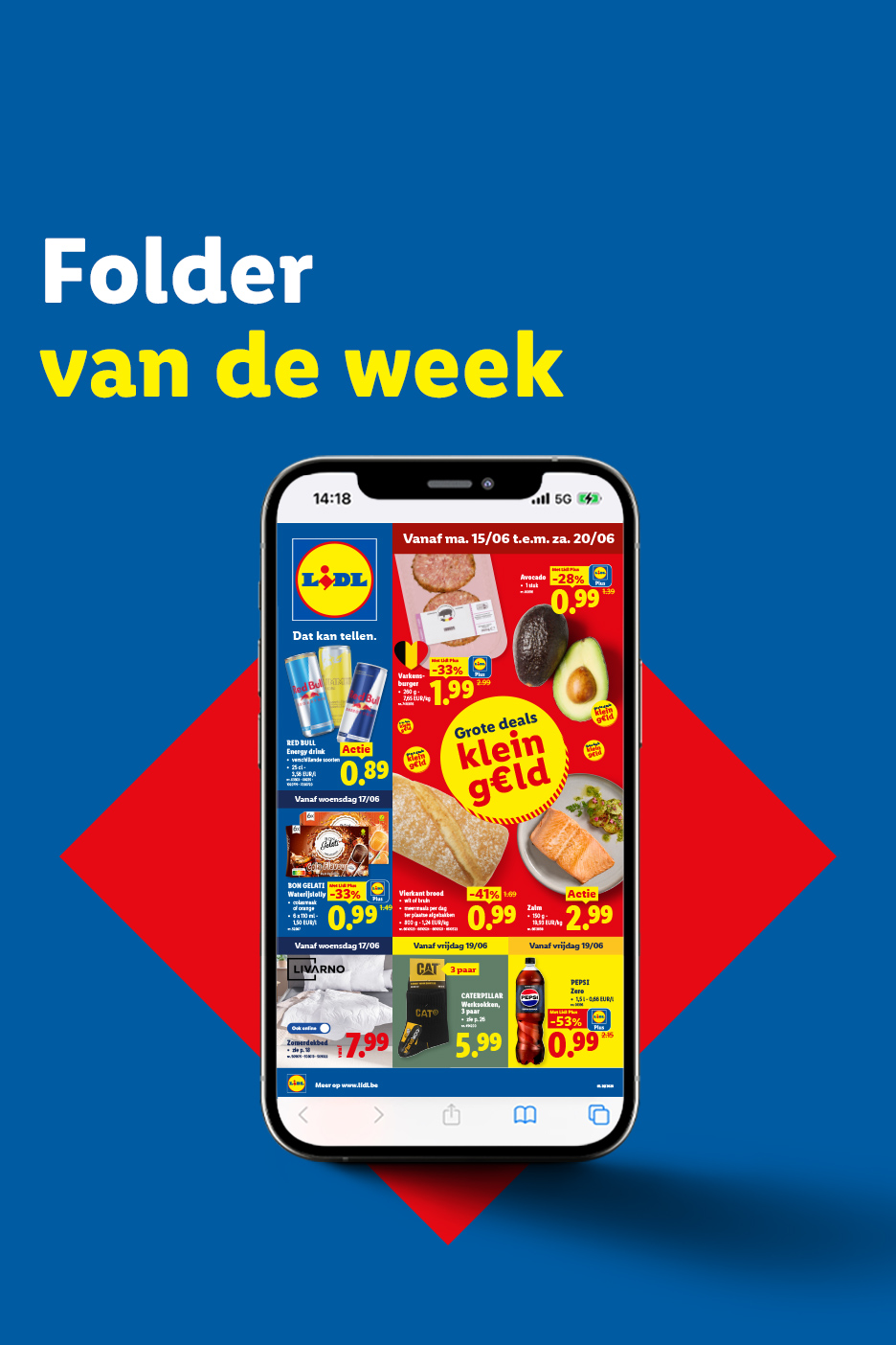 Een smartphone toont de wekelijkse Lidl folder met promoties op kip, asperges en schoonmaakmiddelen.