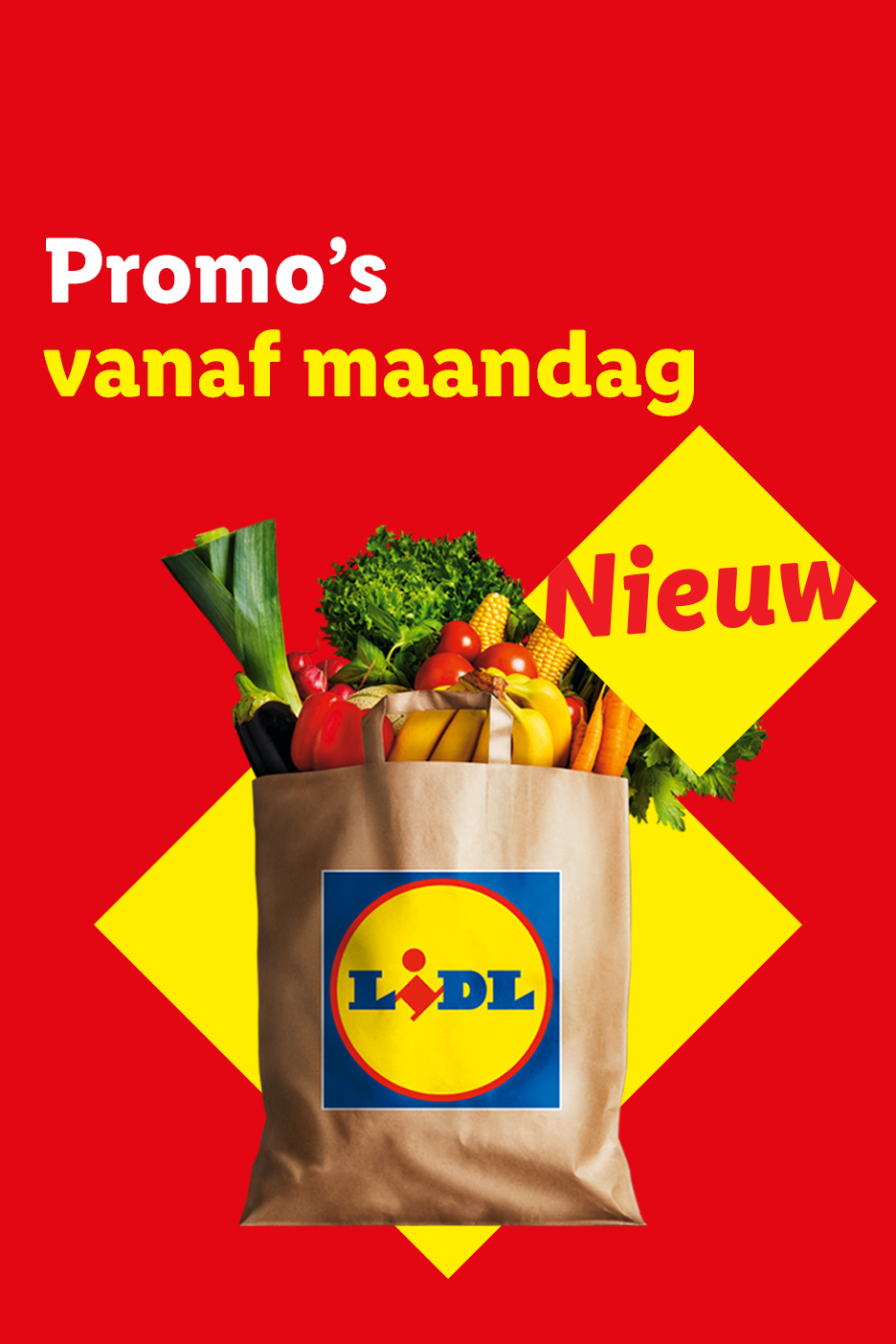 Boodschappentas gevuld met verse groenten en fruit, met de tekst 'Promo's vanaf maandag Nieuw'.