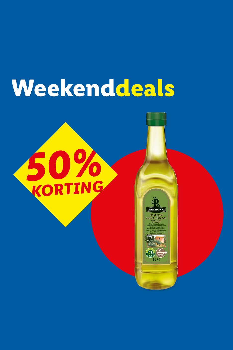 Weekenddeals: fles olijfolie met 50% korting.