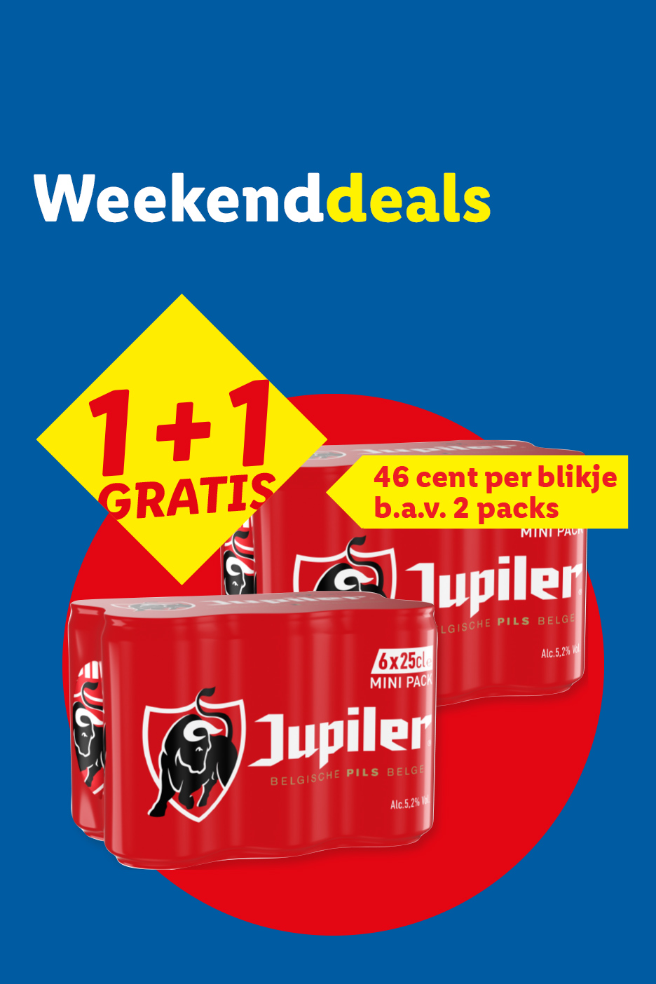 Weekenddeal 1+1 gratis bieraanbieding, 46 cent per blikje bij aankoop van 2 packs.