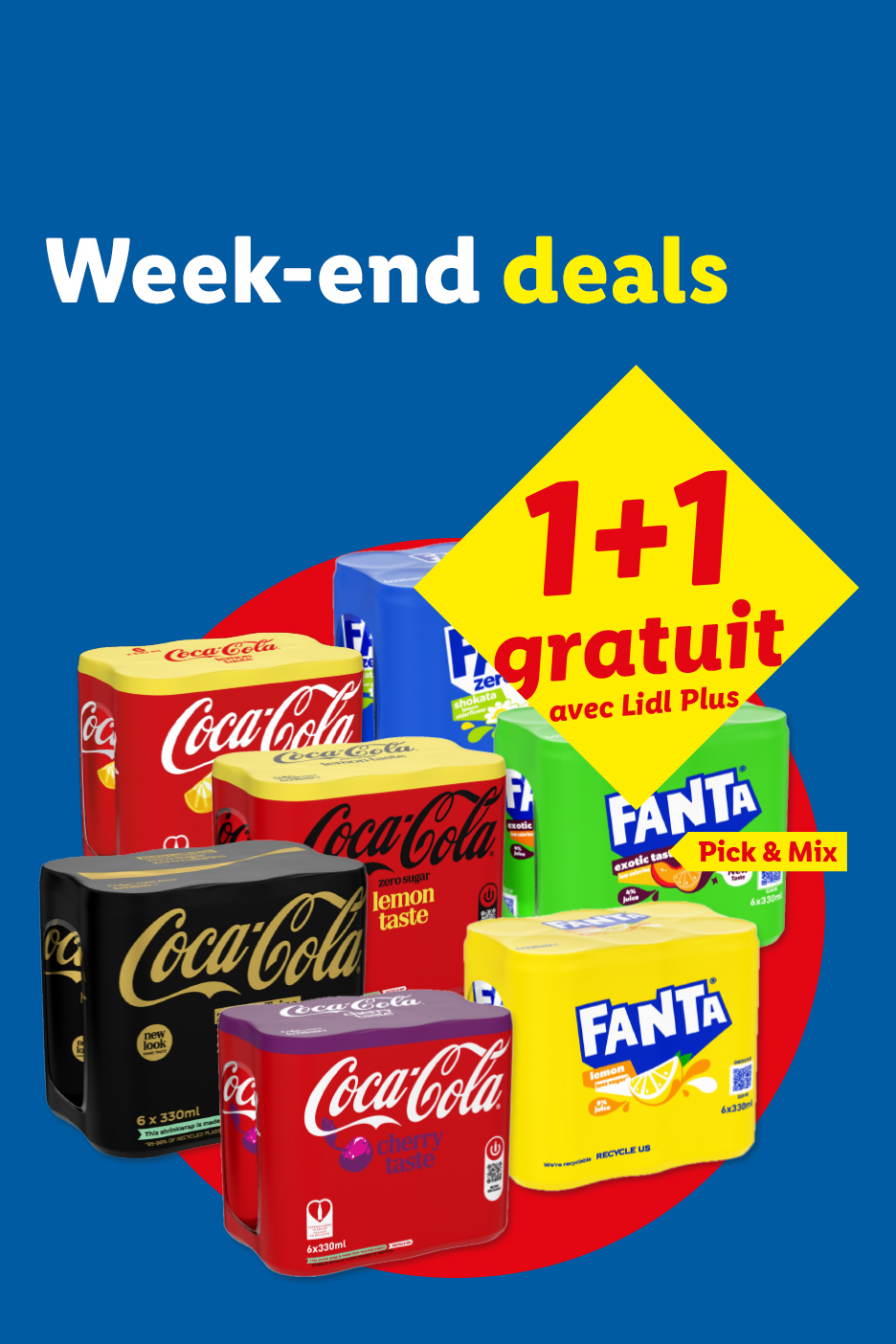 Weekenddeals: 1+1 gratis op frisdrankmultipacks, inclusief cola en fanta, met Lidl Plus.