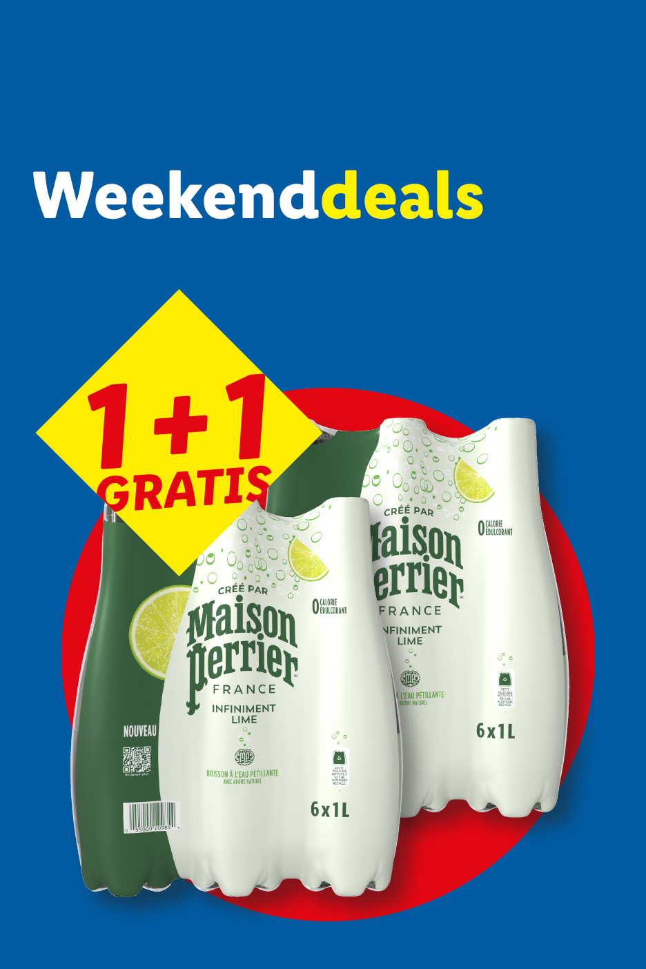 Weekenddeals: 1+1 gratis op bruisend water met limoensmaak, 6x1L flessen.