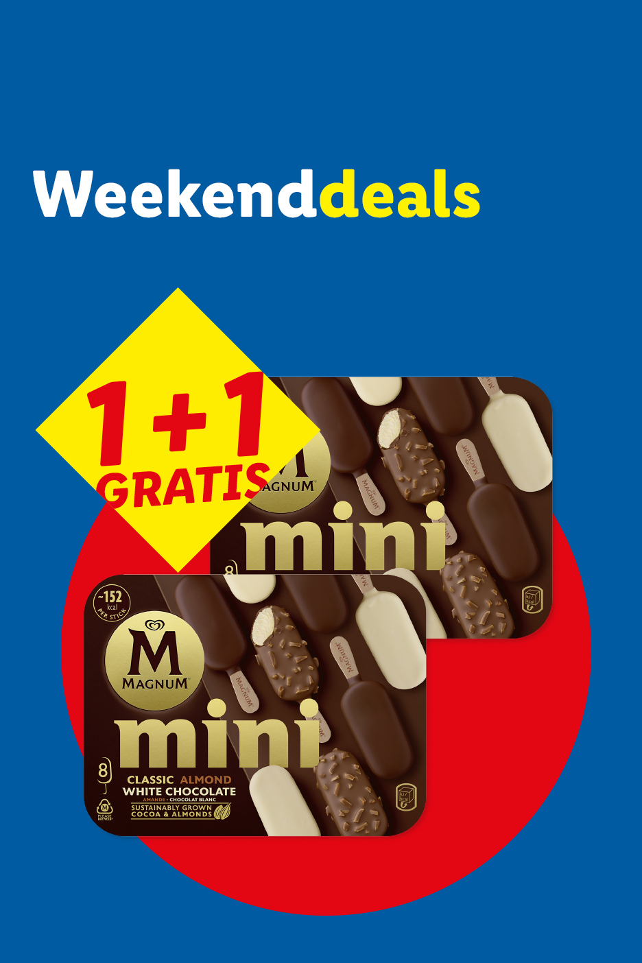 1+1 gratis aanbieding op mini chocolade-ijsjes, met klassieke, amandel- en witte chocoladesmaken.