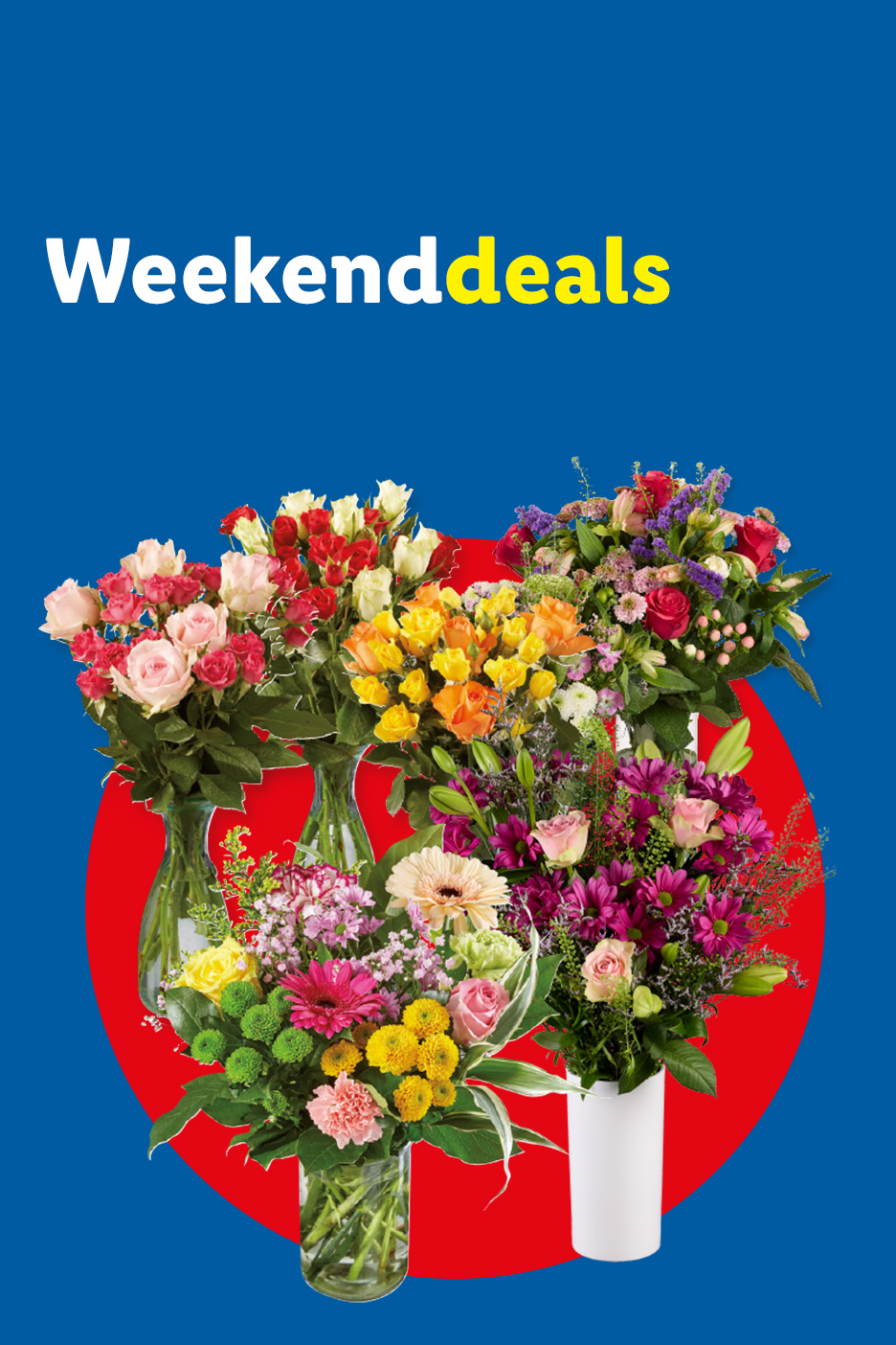 Boeketten met diverse bloemen in verschillende kleuren, met de tekst 'Weekenddeals'.