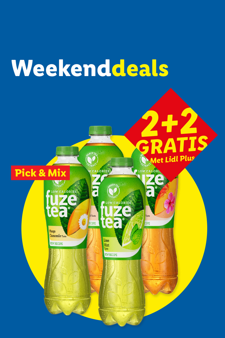 Weekenddeals: 2+2 gratis op ijsthee, smaken mango-kamille en limoen-munt.